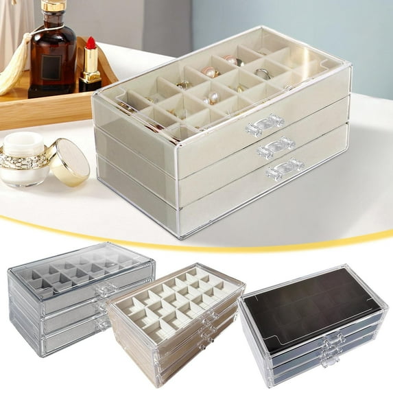 Vacemry Under $5 Jewelry Storage Box, 3 Layer Flannel Lined Drawer Organizer for Earrings Rings Necklaces, Multi Compartment Case for Cosmetics Small Items, Portable Jewelry Organizer with Handle