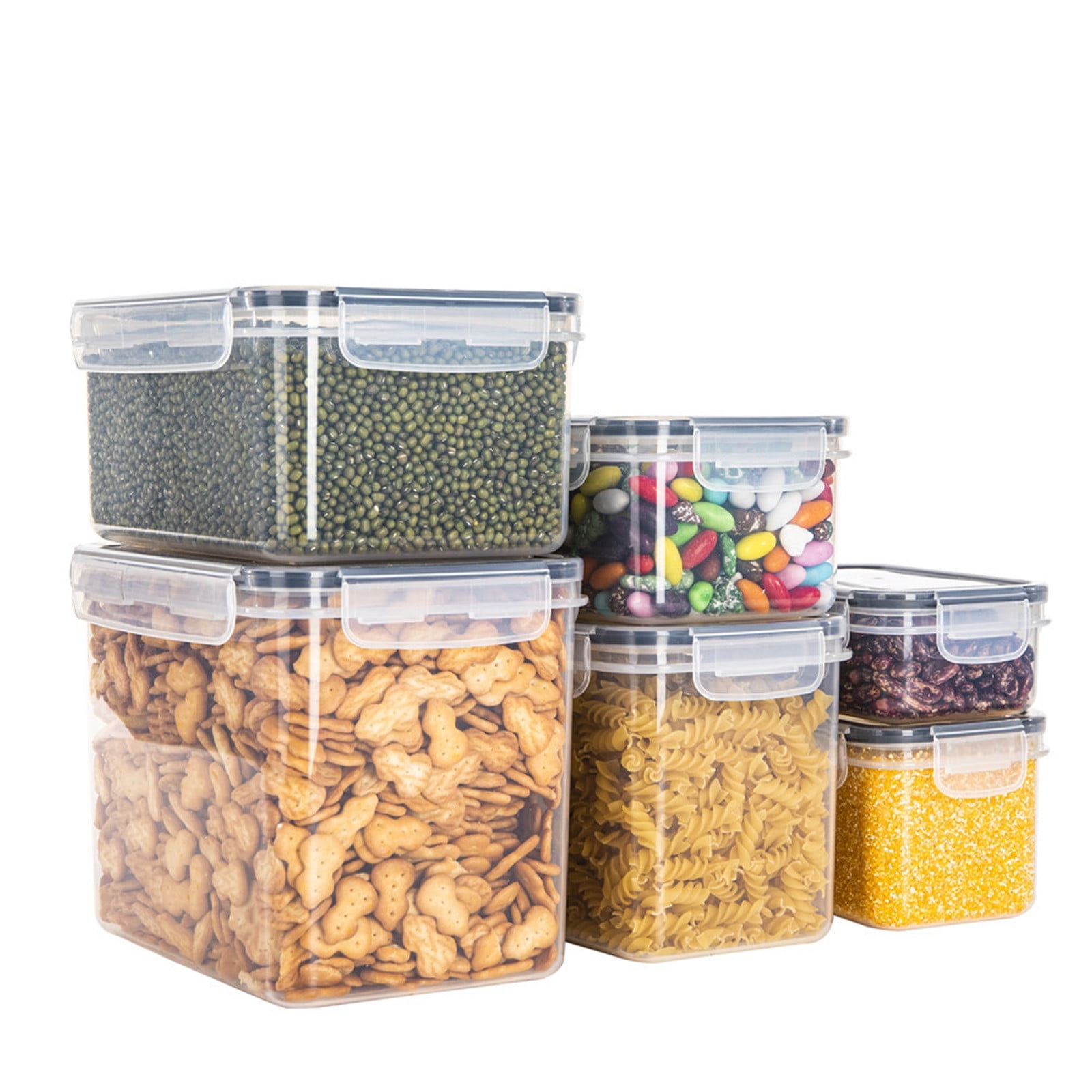 Vacemry under $5 Kitchen Storage Container, 6-Piece Plastic Pantry Organizer Set, Airtight Food Storage Bins for Grains Flour Snacks, Clear Stackable Canisters with Easy Lock Lids