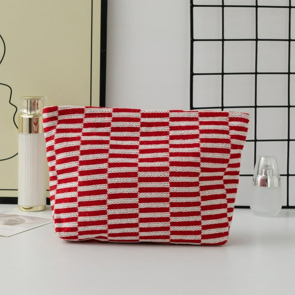 Vacemry Under $5 Large Knitted Makeup Bag, Striped Color Block Cosmetic Pouch, Multi Compartment Toiletry Organizer, Travel Makeup Case with Zipper, Spacious Beauty Storage Bag