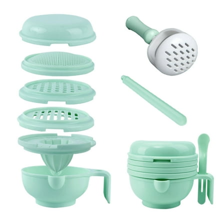 Vacemry Under $5 Manual Food Processor, 9-Piece Grinding Bowl and Puree Stick Set, Baby Food Maker with Multiple Attachments, Hand-Powered Blender for Vegetables and Fruits, Dishwasher Safe