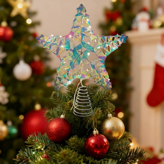 Vacemry Under $5 Mini Tree Topper Star, Small LED Light Up Christmas Tree Top, Iron Decorative Star Ornament, Festive Tree Crown Decor, Lighted Xmas Tree Topper Star