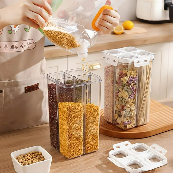 Vacemry Under $5 Multi Compartment Food Container, Transparent Grain Storage Jar with Airtight Lid, Kitchen Pantry Sealed Canister for Dry Food, Household Food Grade Organizer