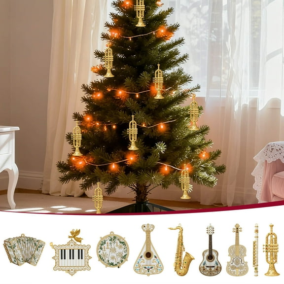 Vacemry Under $5 Musical Instrument Ornaments, Golden Filigree Christmas Tree Pendants, Set of 9 Music Themed Decorations, Resin Christmas Hangings with Detailed Patterns, Holiday Music Decor