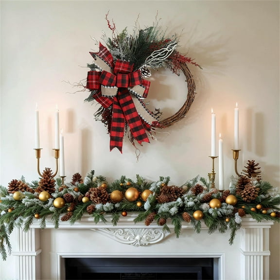 Vacemry Under $5 Nordic Rattan Wreath, Red Plaid Bow Half Circle Wall Decor, Christmas Door Hanging Ornament, Rustic Style Home Accent, Scandinavian Inspired Design