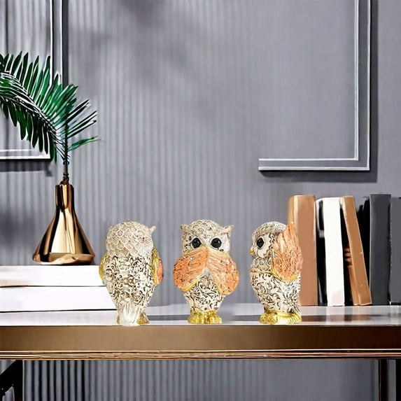 Vacemry Under $5 Owl Figurines Set, Triple Owl Statue for Home Decor, Resin Animal Sculpture for Shelf, Wisdom Owl Ornament Collection, Living Room Display Figurines