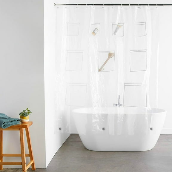 Vacemry Under $5 Shower Curtain with Pockets, Translucent Waterproof Bathroom Organizer with Mesh Storage, Mold-Resistant Thickened Vinyl Liner, Multi-Functional Bath Storage Solution
