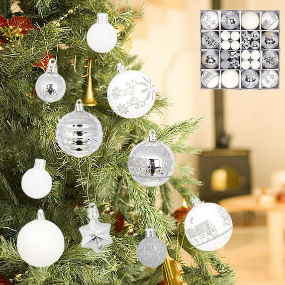 Vacemry Under $5 Silver White Christmas Ornaments, 44pc Metallic Hanging Balls Set, Shiny Tree Decor for Winter Celebrations, Icy Theme Christmas Decoration Collection
