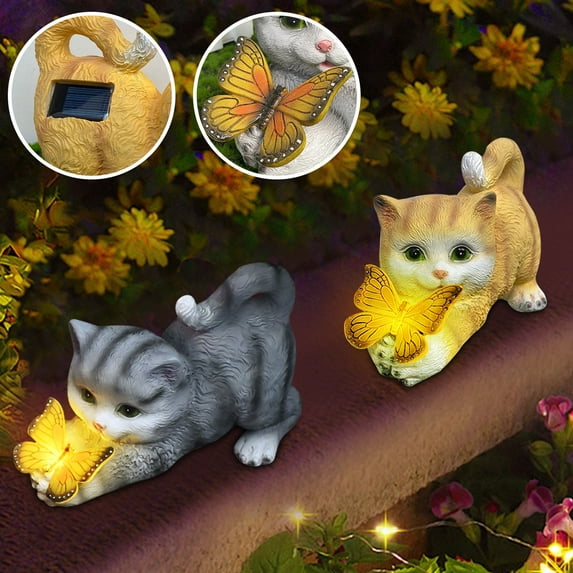 Vacemry Solar Garden Cat Statue, Outdoor Decor with Butterfly and Lights, Weather Resistant Garden Sculpture with Solar Panel, Decorative Cat Figure for Yard Patio Lawn