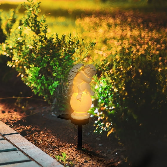 Vacemry under $5 Solar Garden Floor Lamp, Solar Powered Outdoor Floor Lamp with Angel Resin Design, Automatic On/Off Light Sensor, IP55 Waterproof for Garden, Yard, Pathway, Lawn Decoration
