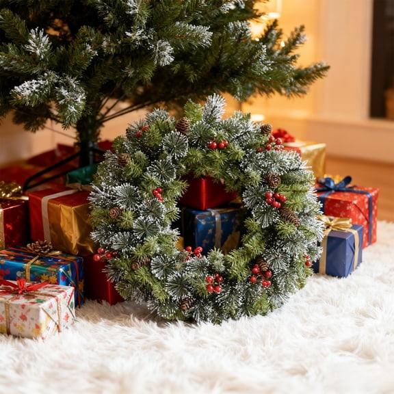 Vacemry Under $5 Spruce Christmas Wreath, Pine Cone Berry Frosted Branch Garland, Full Bodied Hanging Display for Door Entryway, Durable Reusable Seasonal Decor