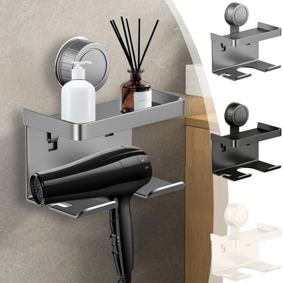 Vacemry Under $5 Suction Cup Hair Dryer Holder, Wall Mounted Non Drill Bathroom Storage Rack, Alloy Hair Dryer Organizer for Vanity, Salon, Bedroom, Space Saving Drying Rack