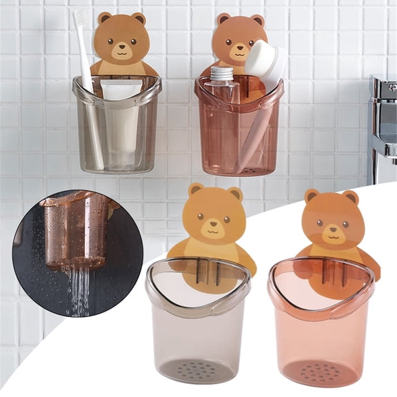 Vacemry Under $5 Wall Mounted Toothbrush Holder, Cute Bear Shaped Bathroom Organizer, No Drill Suction Cup Toothpaste Dispenser, Space Saving Dental Care Set for Family Use