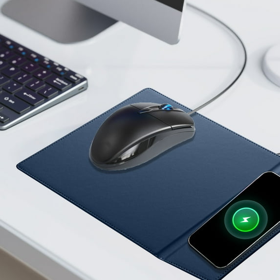 Vacemry Under $5 Wireless Charging Mat, 15W Fast Charge Office Mouse Pad, Foldable Multifunction Phone Stand Desktop, Leather Surface Desk Accessory, Compatible Various Devices