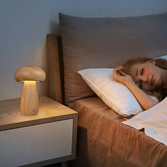 Vacemry Under $5 Wooden Mushroom Night Light, Rechargeable LED Bedside Lamp, Dimmable Warm White Glow, Ambient Lighting for Bedroom Nursery Decor, Decorative Piece for Mood Setting
