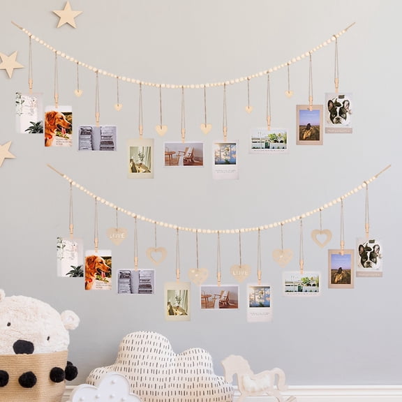 Vacemry Under $5 Wooden Photo Holders, Bead Photo Wall Decorations, Valentine's Day Picture Display, String Clip Photo Organizer, Rustic Wall Art Decor