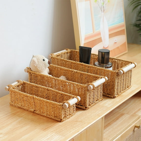 Vacemry Woven Storage Basket, Handmade Style Plastic Desktop Organizer with Handles, Multipurpose Decorative Bin for Bathroom Kitchen Office, Sturdy Stackable Container