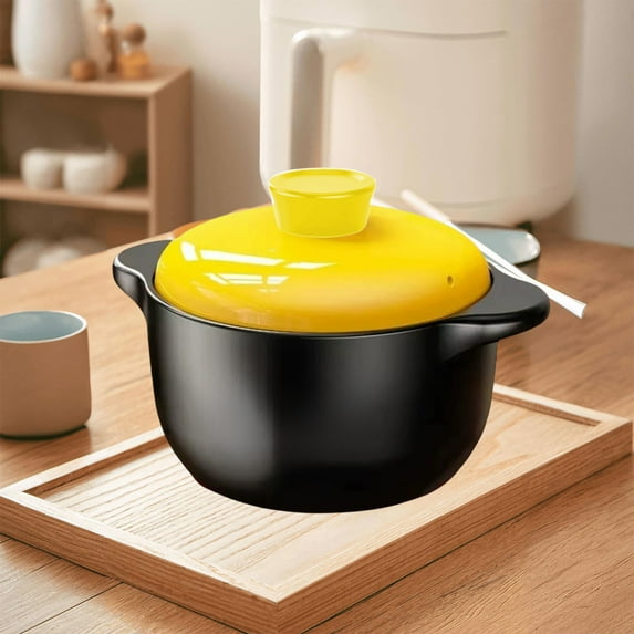 Vacemry Under $5 Yellow Casserole Pot, Traditional Clay Cooking Pot with Lid, Thermal Resistant Soup Cooking Pot, Versatile Kitchen Pot for Stovetop and Oven