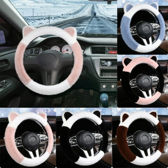 Vacemry 5Pcs Steering Wheel Cover, Car Steering Wheel Cover Handle Cover, Fluffy Ears Design Not Stretch No Inner Ring for Warmth and Comfort in Winter