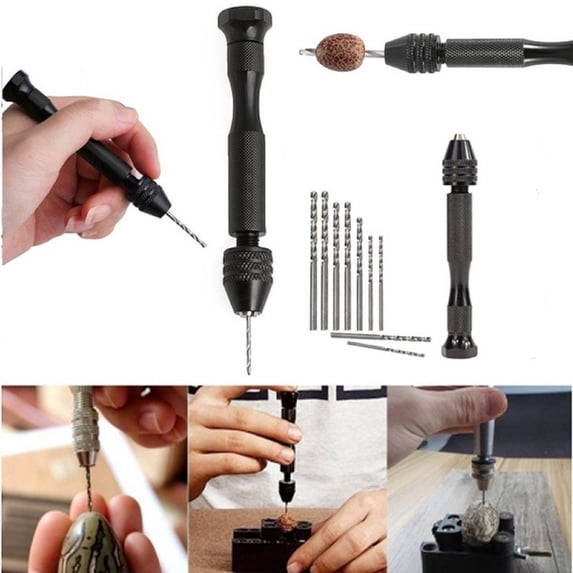 Vacemry 7Pcs Hand Drill Set, Precision Mini Hand Drill with 10 Twist Drill Bits, Aluminum Alloy Chuck for PCB, Jewelry and Model Making, Portable Manual Drilling Tool for DIY and Craft Projects