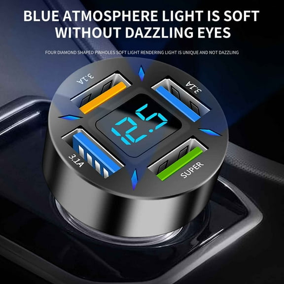 Vacemry Car Fast Charger, 66W Car Fast Charger with 4 USB Ports and LED Display, QC3.0 Car Lighter Adapter for Multiple Devices, 12-24V Car Charger for Phones and Tablets