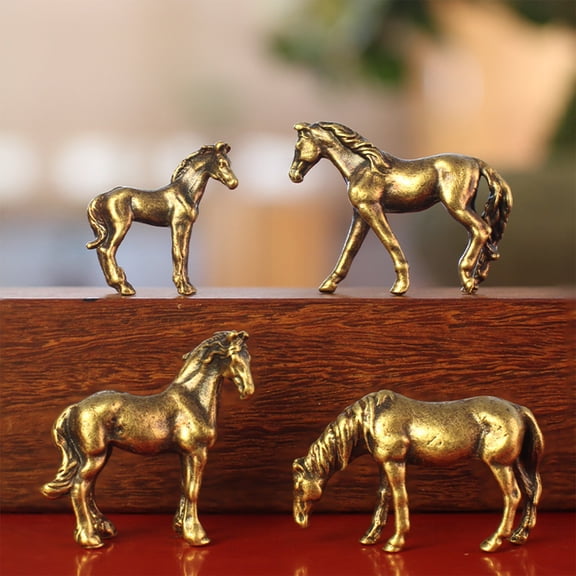 Vacemry Copper Horse Statues4Pcs Small Bronze Copper Alloy Horse Statues, Hand Carved Desktop Decorations, Miniature Horse Shaped Creative Ornaments for Office and Home Display