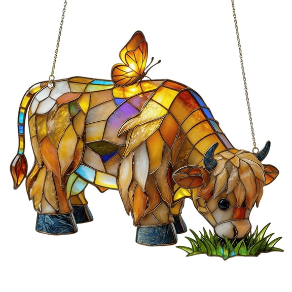 Vacemry Cow Suncatcher, Handcrafted Stained Glass Style Acrylic Window Hanging Ornament with Butterfly, Farmhouse Decor for Home Window Garden Patio Sill Decor