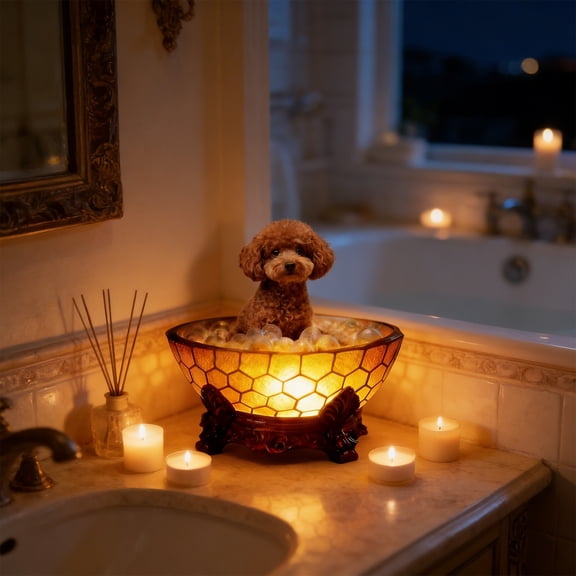 Vacemry Dog Reading Light LED Resin Statue, Cute Animal Bath Plan Bubble Lamp, Realistic Dog Figurine Night Light for Home Office Desk, Bedside Table, Bookshelf, Nightstand Decor