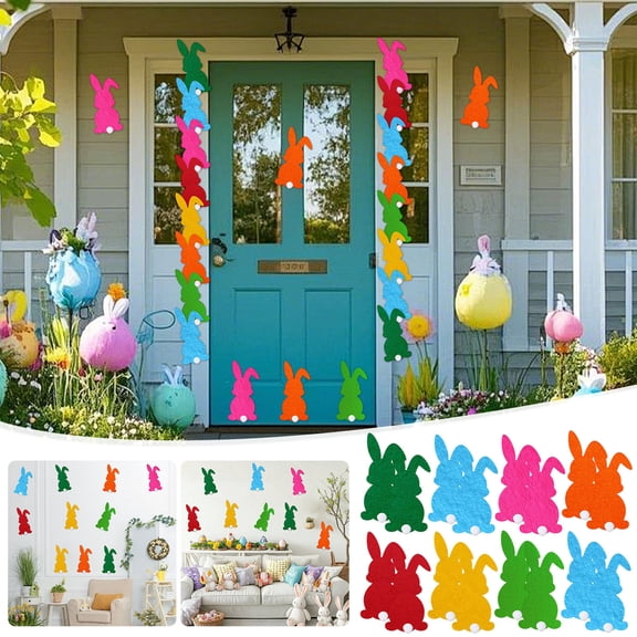 Vacemry Easter Felt Bunnies, 16-Piece Easter Felt Bunny Wall Decals, Multi Color Rabbit Stickers with Foam Adhesive Dots, Festive Holiday Wall Door Window Decoration