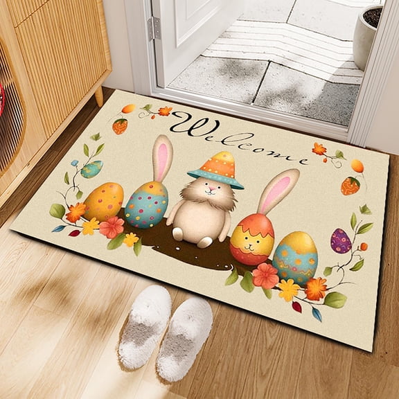 Vacemry Easter Rug, Cheerful Easter Bunny Egg Design Floor Rug, Soft Textured Mat for Indoor Spaces, Machine Washable Home Accent Carpet for Spring