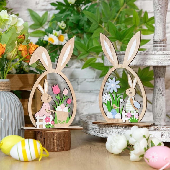 Vacemry Easter Wood Decor, 2 Pack Happy Easter Tree Wooden Crafts Decoration, Rabbit Shape Wood Ornament for Event Party Supply, Hanging Easter Wood Decor for Home