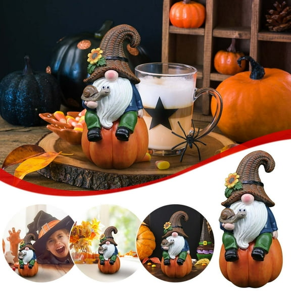 Vacemry Garden Dwarf Ornament, Resin Garden Dwarf Sitting on Pumpkin Ornament, Micro Landscape Festival Decoration for Fall, Gnome Figurine for Garden Border Harvest Display