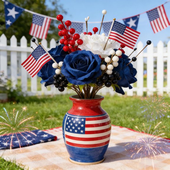 Vacemry Independence Day Patriotic Artificial Flower Branch Decor, Blue Red White Rose Berries Arrangement in Plastic Vase, Realistic Fake Floral Stems for Holiday Table Centerpiece Fireworks Party
