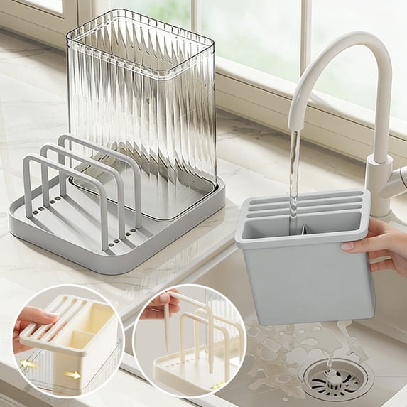 Vacemry Kitchen Knife Rack Countertop Draining Integrated Storage Organizer, Plastic White Gray Knife Holder for Kitchen Counter Cabinet Drawer Sink Side, Household Utensil and Cutlery Organizer