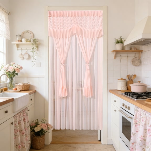 Vacemry Lace Door Curtain Room Divider, Punch-Free Installation Double-Layered Opaque Sheer Polyester Panel, Privacy Screen For Bedroom Kitchen Living Room Window Doorway, Home Decor Partition