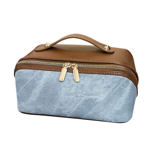 Vacemry Leather Cosmetic Bag, Fashion Color-Block Double-Zip Organizer With Removable Divider For Makeup Brushes Toiletries Travel Essentials Home Vanity Bathroom Storage