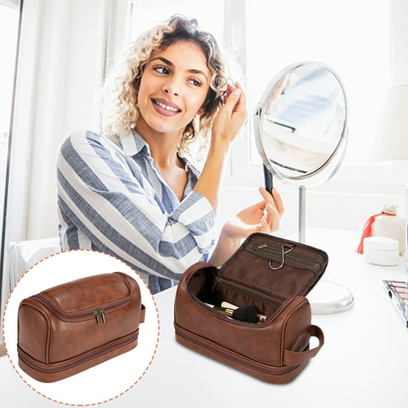 Vacemry Leather Toiletry Bag, Men's Personalized Cosmetic Bag Large Capacity Leather Travel Kit, PU Leather Toiletry Bag with Hook, Unique Birthday Gift for Husband, Durable Travel Bag for Grooming