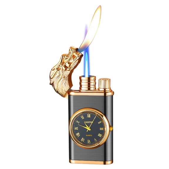 Vacemry Lighters, Double Flame Watch Lighter, Metal Windproof Butane Lighter with Quartz Watch, Refillable Blue Flame Lighter, Unique Fashion Accessory