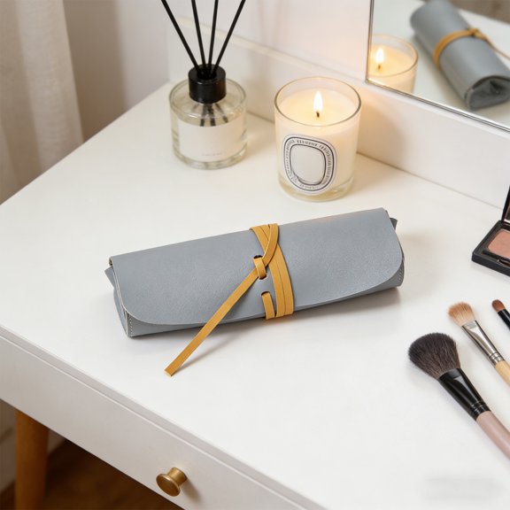 Vacemry Makeup Bag, Korean Style Double Sided Leather Cosmetic Organizer For Eyebrow Pencil Eyeshadow Brush Storage, Portable Travel Toiletry Pouch For WomenGirlsHome Bathroom Vanity Desk Decor