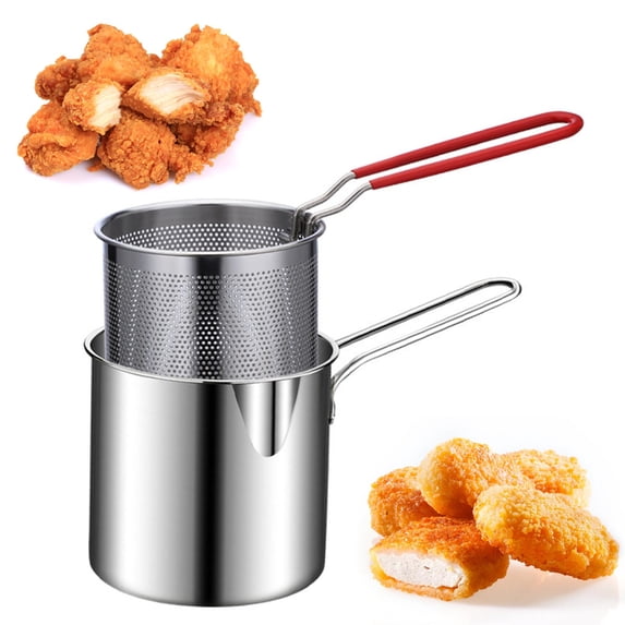 Vacemry Mini Stainless Steel Fryer, Small Deep Fryer Pot with Strainer for Chicken, Fish, and Snacks, Oil Saving Design Suitable for All Stovetops