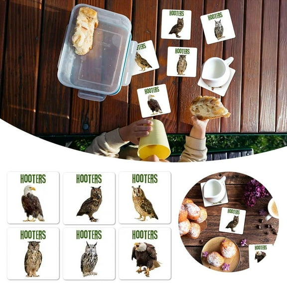 Vacemry Owl Pattern Wooden CoastersSet of 6 Natural Wood Coasters with Bird Designs, Absorbent, Protects Table from Heat, Moisture, Home Dining Room Decor