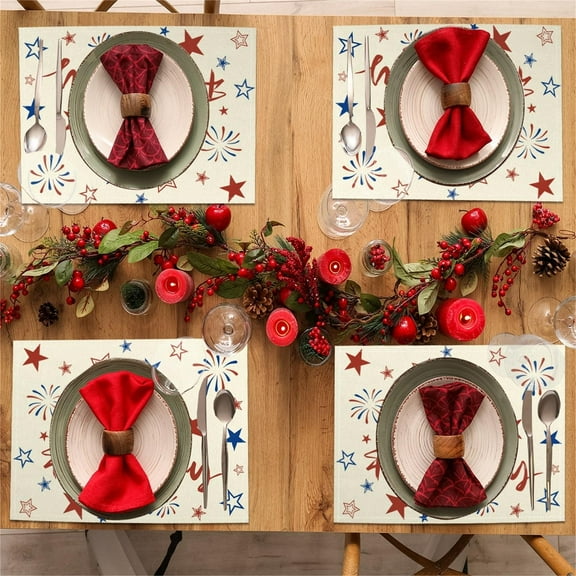Vacemry Patriotic Placemats, 4th of July Placemats Set of 4, Heat Resistant Linen Place Mats and Coasters, American Flag Design, Kitchen Dining Table Decor, Party Supplies, Washable, 4 Piece Set