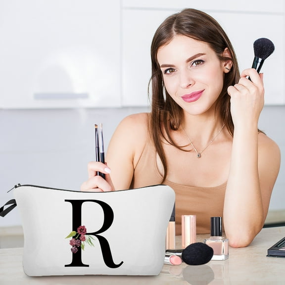 Vacemry Personalized Floral Makeup Bag, Keep your cosmetics organized in style with this charming floral-print makeup bag, featuring a personalized letter design, making it a thoughtful and