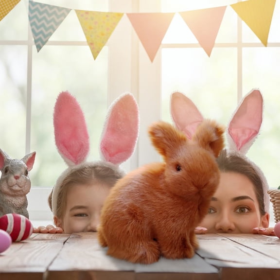 Vacemry Sitting Bunny, Flocked Sitting Bunny for Easter Display, Crouching Bunny Figurine for Home Decor, Realistic Bunny for Tabletop, Decorative Bunny for Spring Season