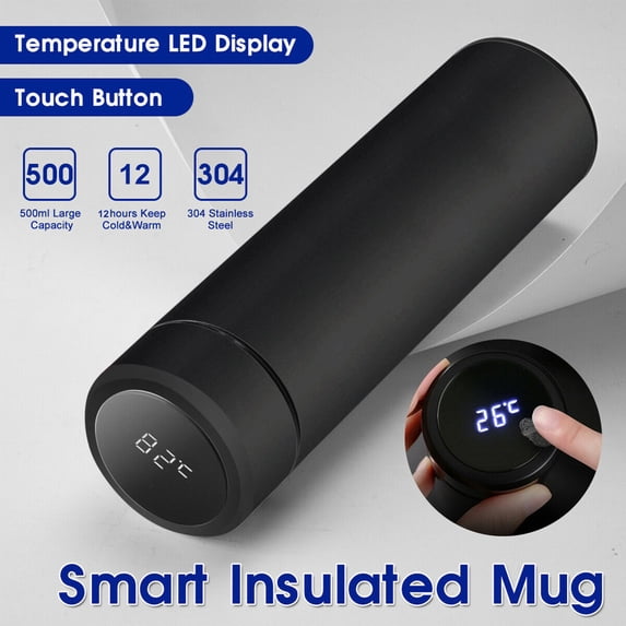Vacemry Smart Water Bottle, Stainless Steel Smart Water Bottle with LCD Screen, Temperature Display Insulated Flask, 500ML Vacuum for Hot Cold Drinks, Touch Screen LED Indicator