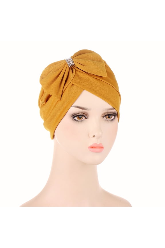 Solid Bowknot India Muslim Ruffle Chemo Hat, Decorative Headwear Wraps Turban Cap for Casual Style