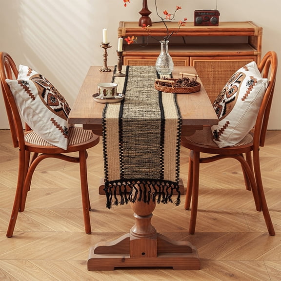 Vacemry Table Runners And Tablecloths, Tassel Trim Polyester Table Decor For Dining Room Living Room Sideboard Entryway Console Table Home Decor