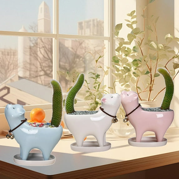 Vacemry Under $5 Cat Tail Planter, Ceramic Cartoon Flower Pot, Cute Gardening Container, Personalized Desk Ornament, Decorative Pot for Small Plants