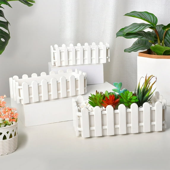 Vacemry Under $5 Decorative Flower Planter, White Plastic Pot with Fence Design, Artificial Plant Arrangement Pot, Indoor Outdoor Garden Decor