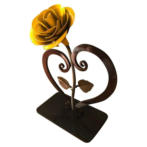 Vacemry Under $5 Metal Rose Sculpture, Hand Forged Iron Flower with Heart Stand, Valentine Anniversary Gift Idea, Powder Coated Red Finish Art Piece
