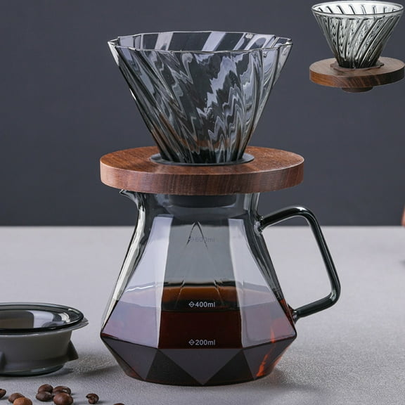 Vacemry Under $5 Pour Over Coffee Maker, Glass Drip Filter Sharing Pot, Hand Brewed Coffee Pot with Wood Base, Striped Gray Mist Pattern Carafe